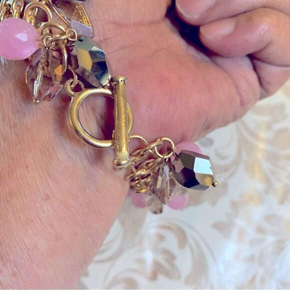 Aurora Borealis & Pink Glass Bracelet on Gold Tone Chain 8” Vintage Gorgeous - Picture 7 of 7